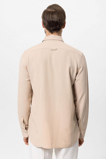 Men's Beige Hidden Button Linen Blend Shirt