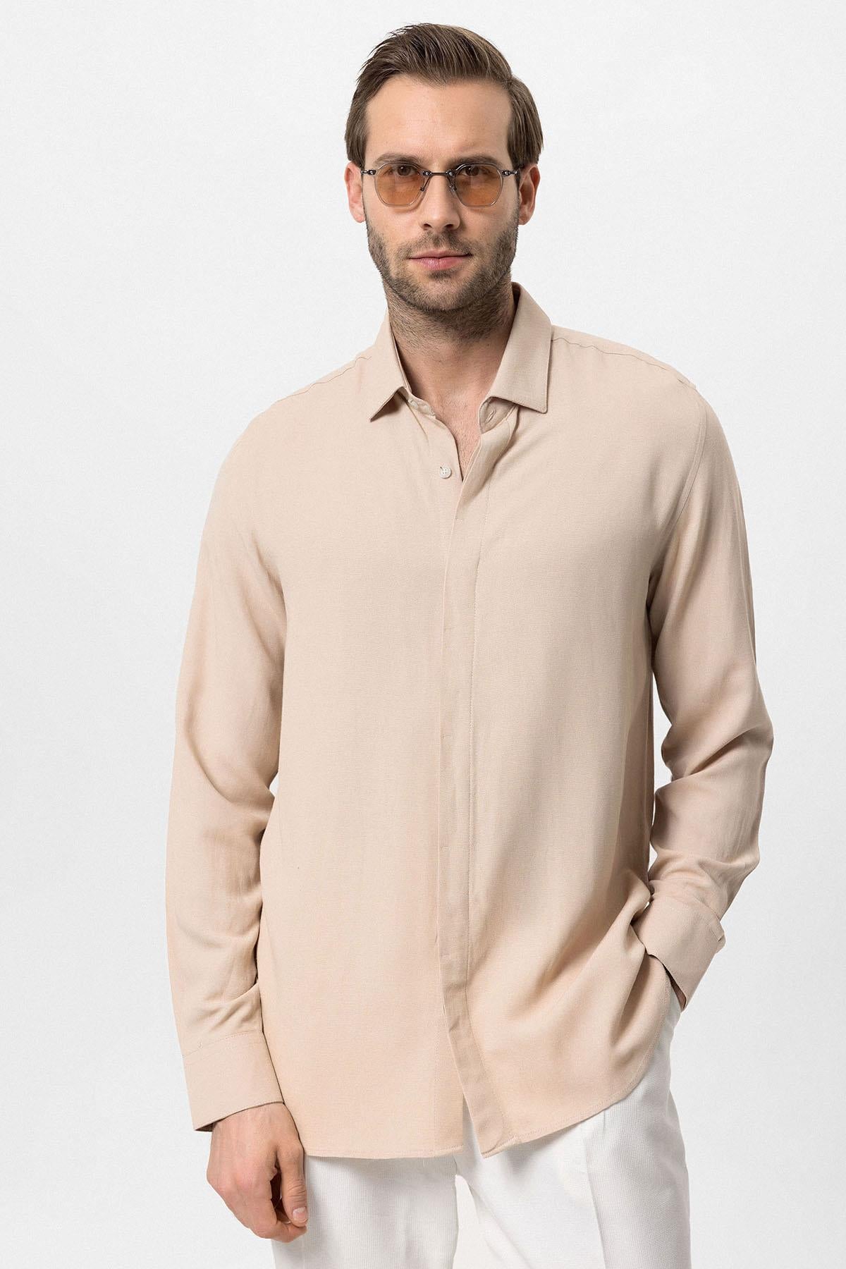 Men's Beige Hidden Button Linen Blend Shirt -