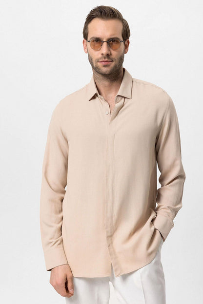 Men's Beige Hidden Button Linen Blend Shirt -