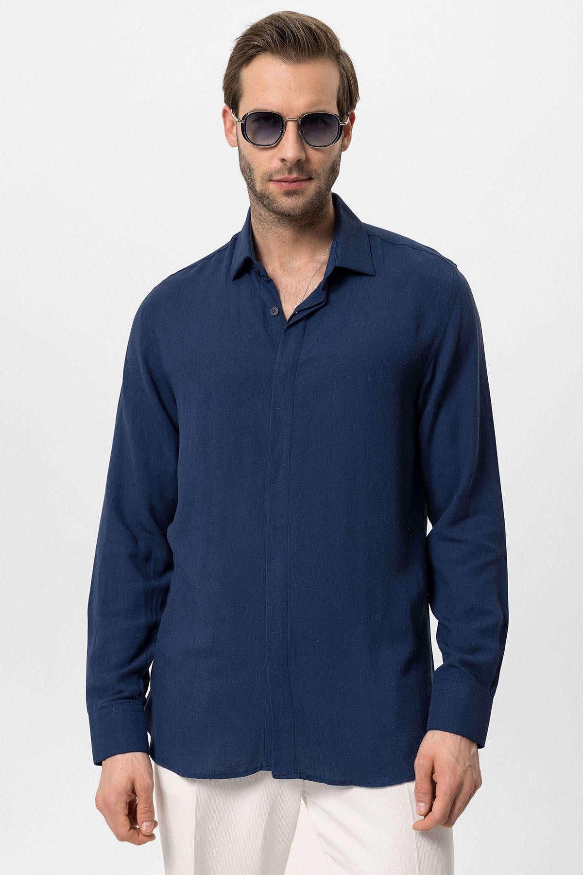 Men's Navy Blue Hidden Button Linen Blend Shirt -
