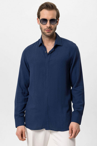 Men's Navy Blue Hidden Button Linen Blend Shirt -