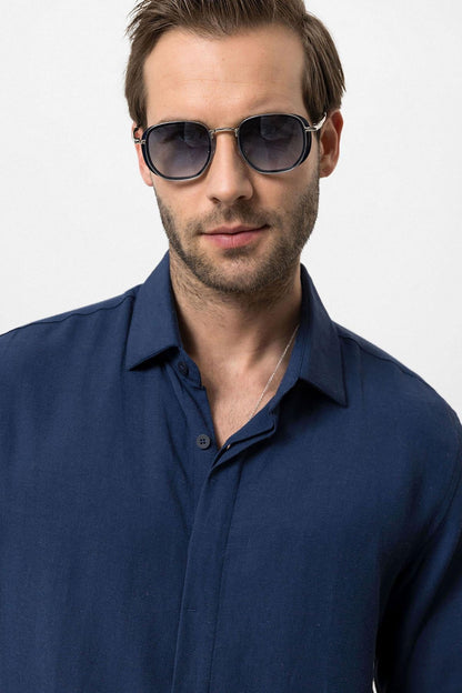 Men's Navy Blue Hidden Button Linen Blend Shirt