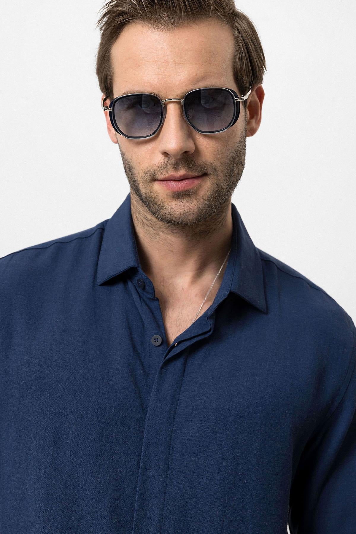 Men's Navy Blue Hidden Button Linen Blend Shirt -
