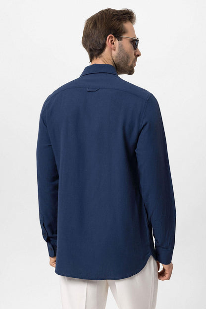 Men's Navy Blue Hidden Button Linen Blend Shirt