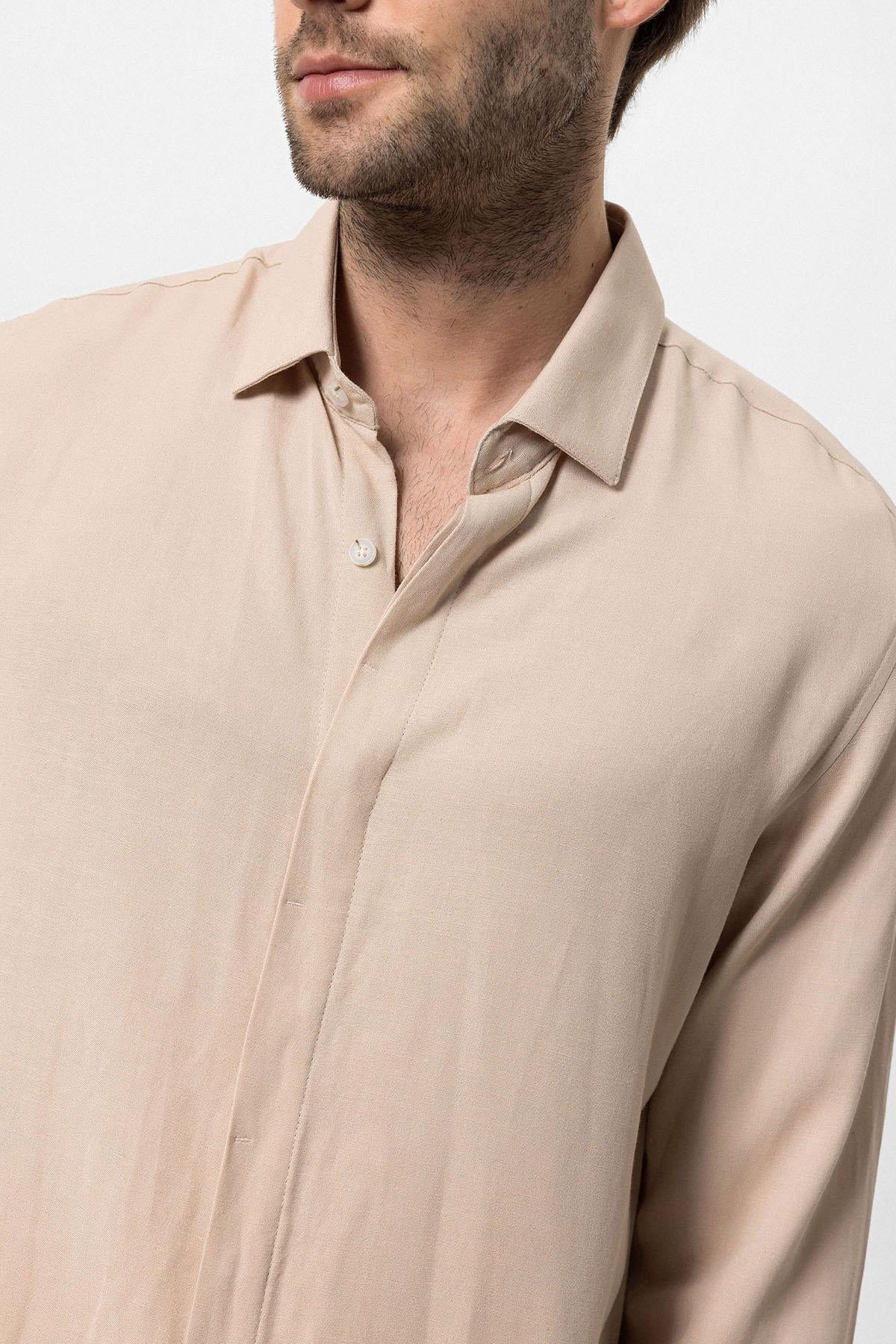 Men's Beige Hidden Button Linen Blend Shirt