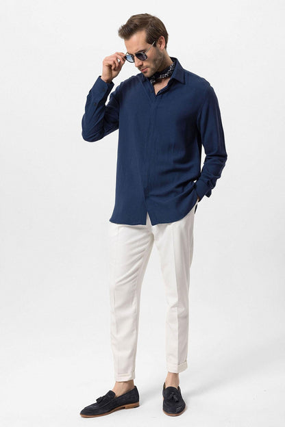 Men's Navy Blue Hidden Button Linen Blend Shirt