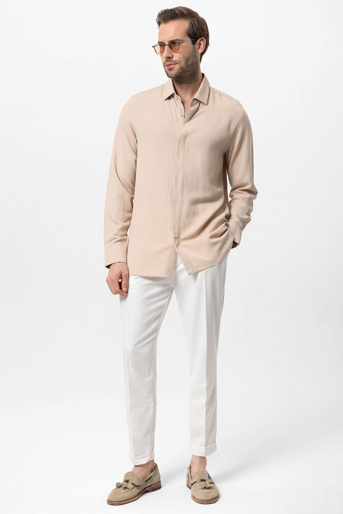 Men's Beige Hidden Button Linen Blend Shirt