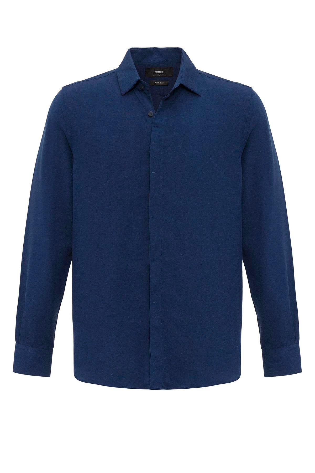 Men's Navy Blue Hidden Button Linen Blend Shirt