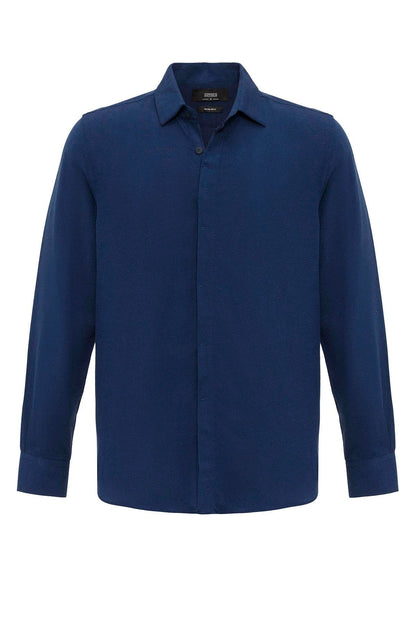 Men's Navy Blue Hidden Button Linen Blend Shirt -