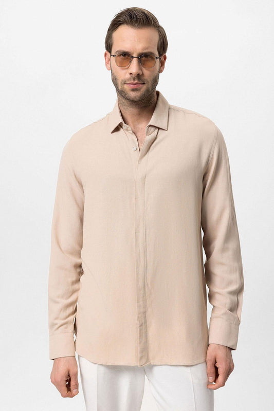Men's Beige Hidden Button Linen Blend Shirt -
