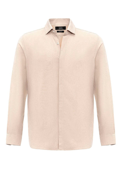 Men's Beige Hidden Button Linen Blend Shirt