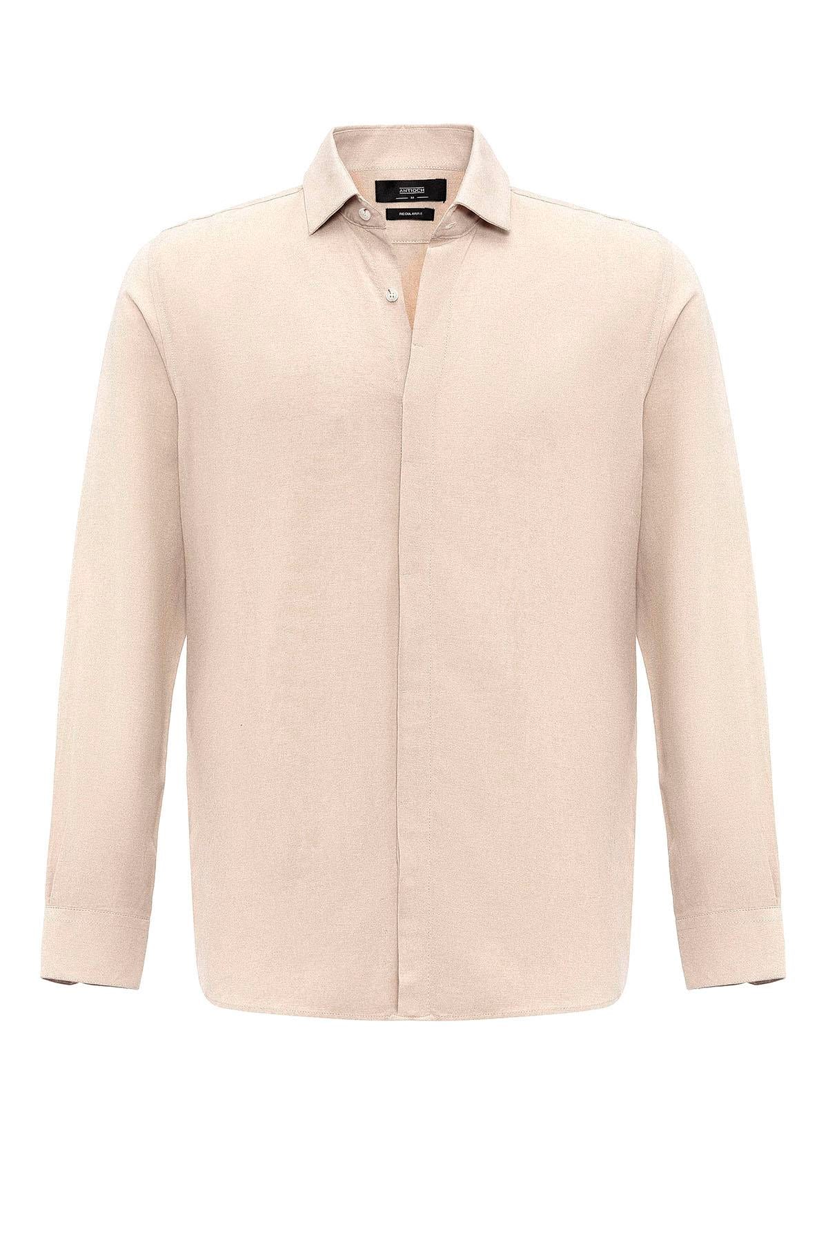Men's Beige Hidden Button Linen Blend Shirt -