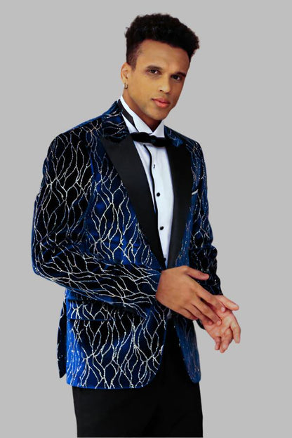 Gold Patterned Navy Blue Men Evening Tuxedo Blazer - Wessi