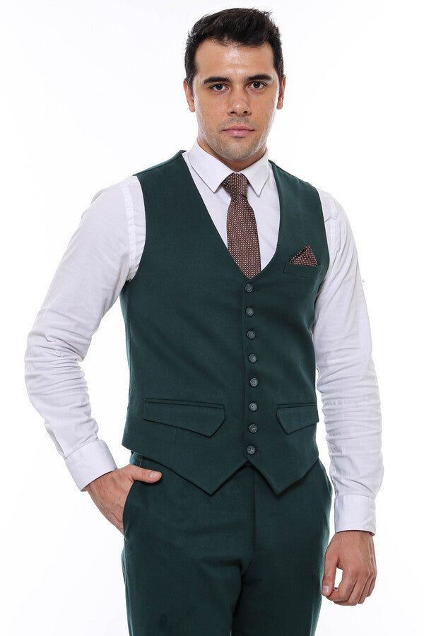Green Plain 8 Buttoned Vest