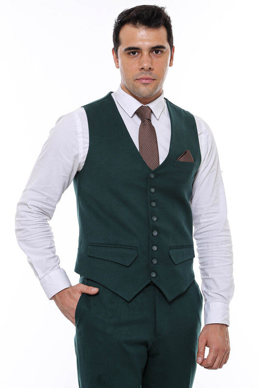 Green Plain 8 Buttoned Vest