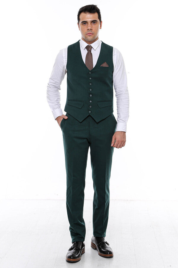 Green Plain 8 Buttoned Vest