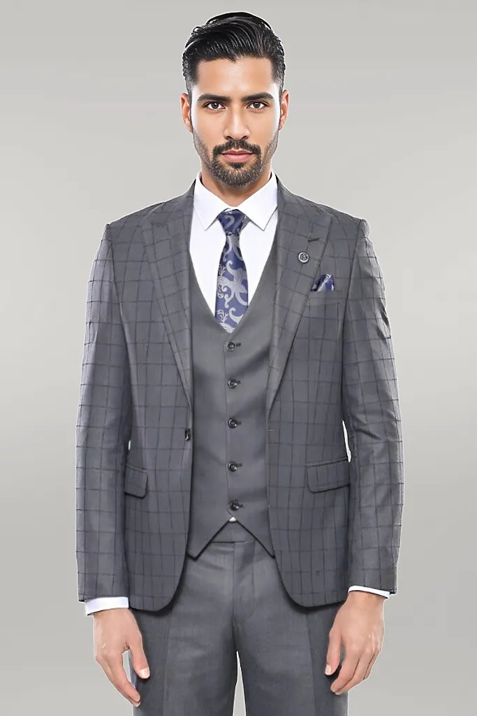 Grey Vested Checked Suit