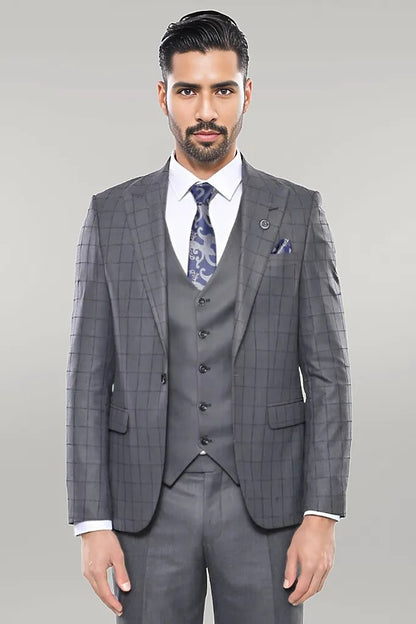 Grey Vested Checked Suit
