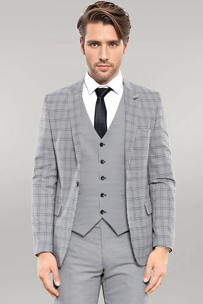 KOALA SYDNEY  Grey Plaid Vested Men's Suit |