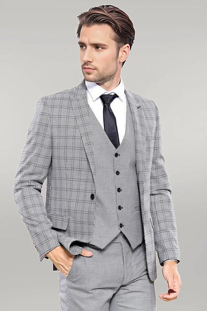 KOALA SYDNEY  Grey Plaid Vested Men's Suit |