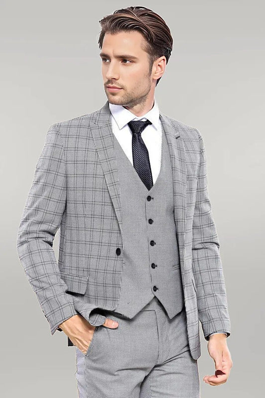 KOALA SYDNEY  Grey Plaid Vested Men's Suit |