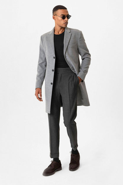 Grey Slim Fit Notch Lapel Men's Coat