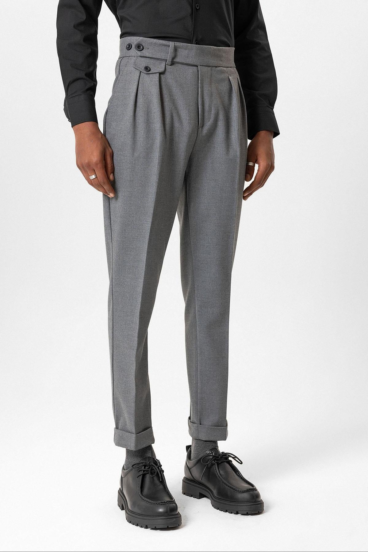 Gray High-Waisted Pleated Technical Men's Trousers