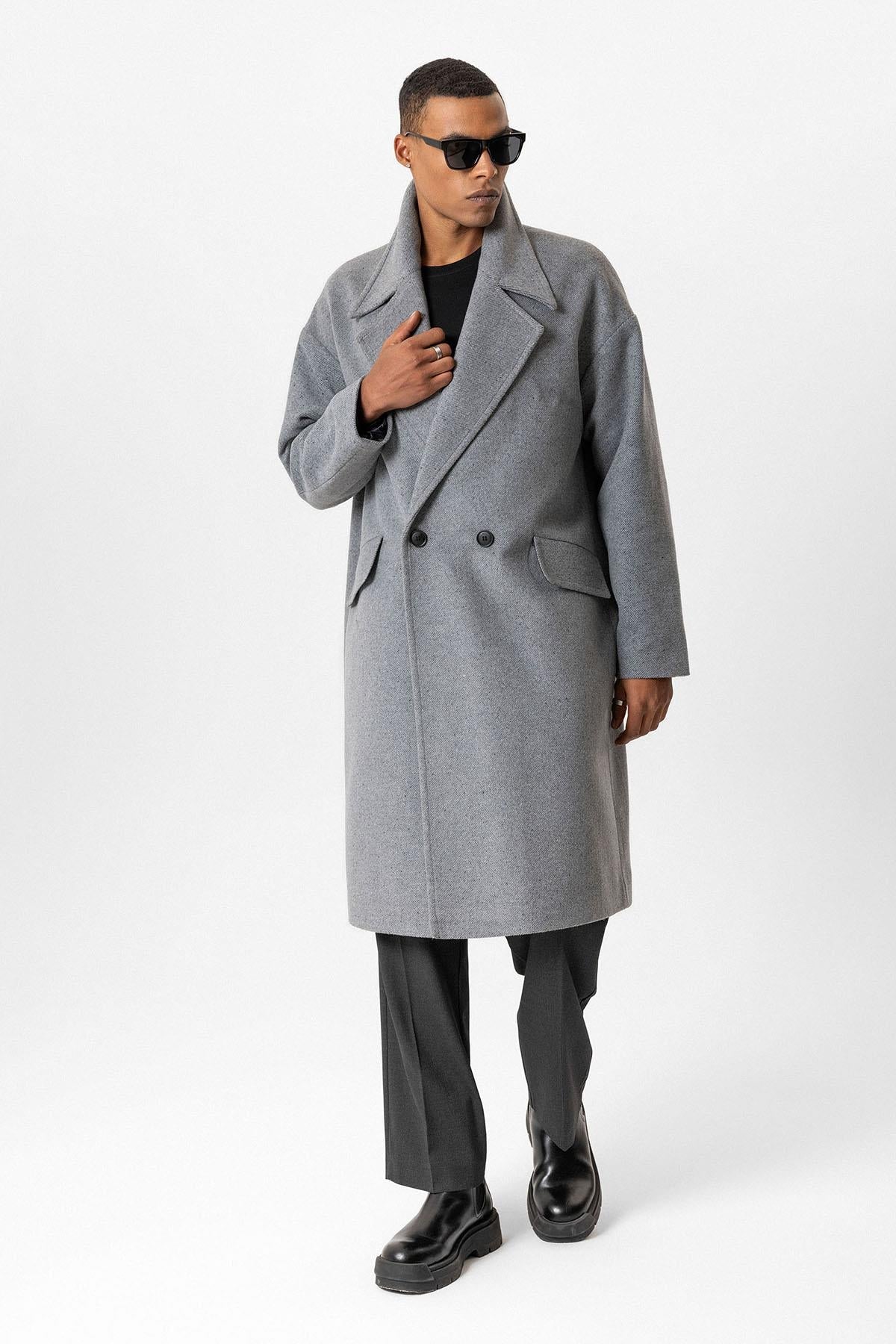 Gray Wool-Blend Double-Breasted Men's Coat