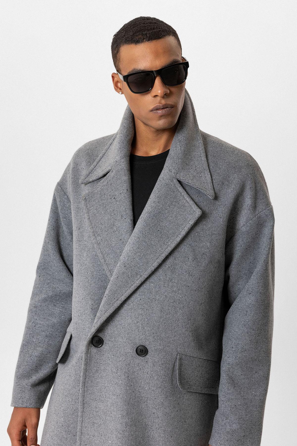Gray Wool-Blend Double-Breasted Men's Coat