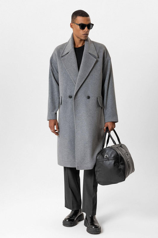 Gray Wool-Blend Double-Breasted Men's Coat