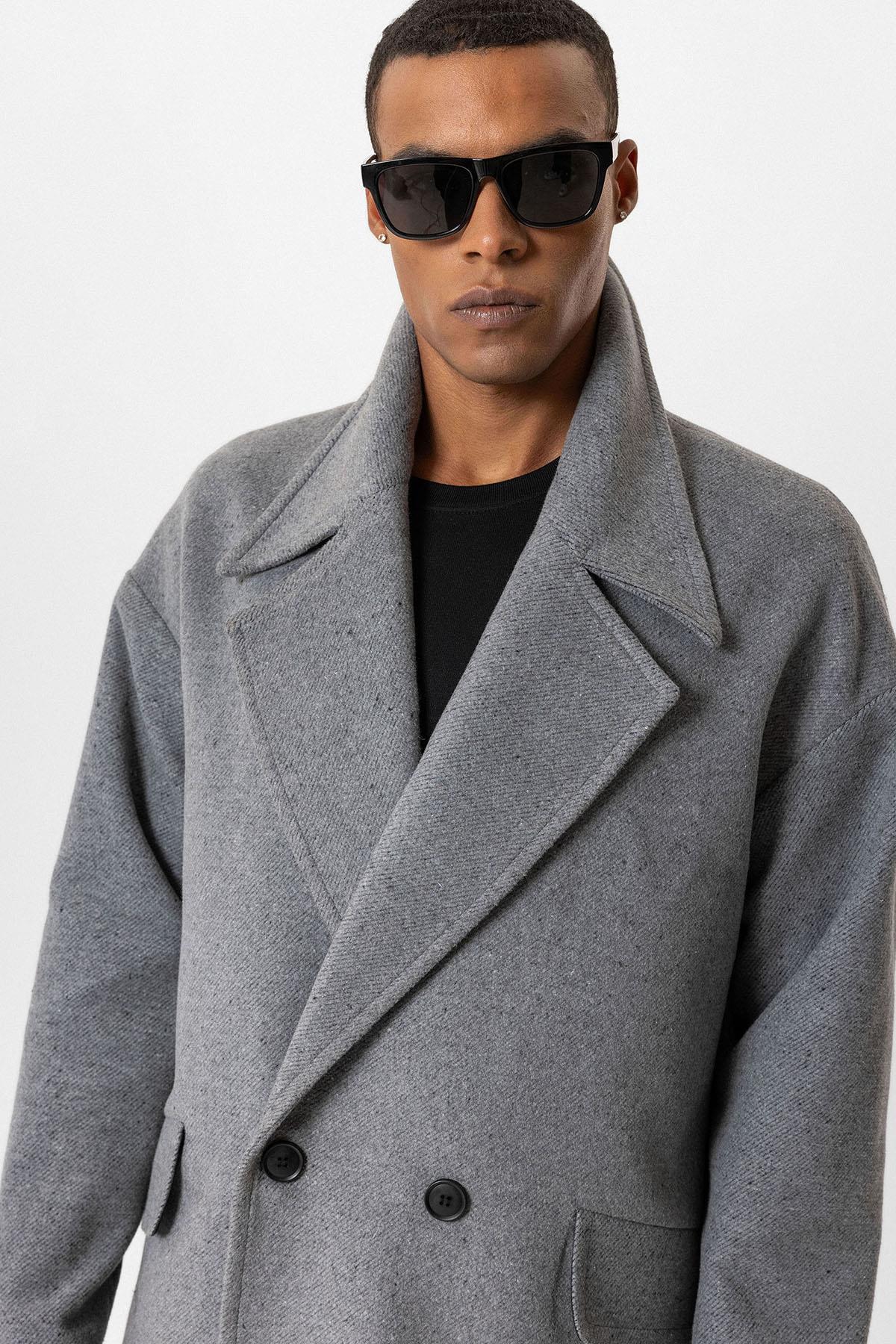 Gray Wool-Blend Double-Breasted Men's Coat