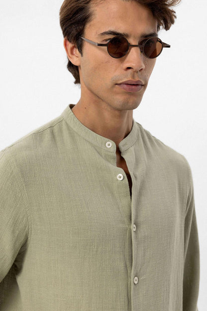 Men's Khaki Mandarin Collar Woven Shirt