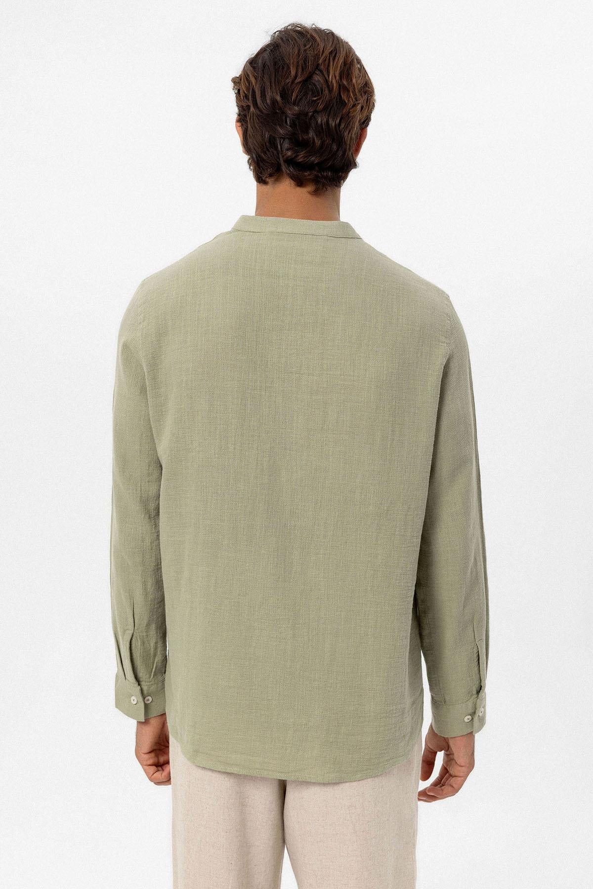 Men's Khaki Mandarin Collar Woven Shirt