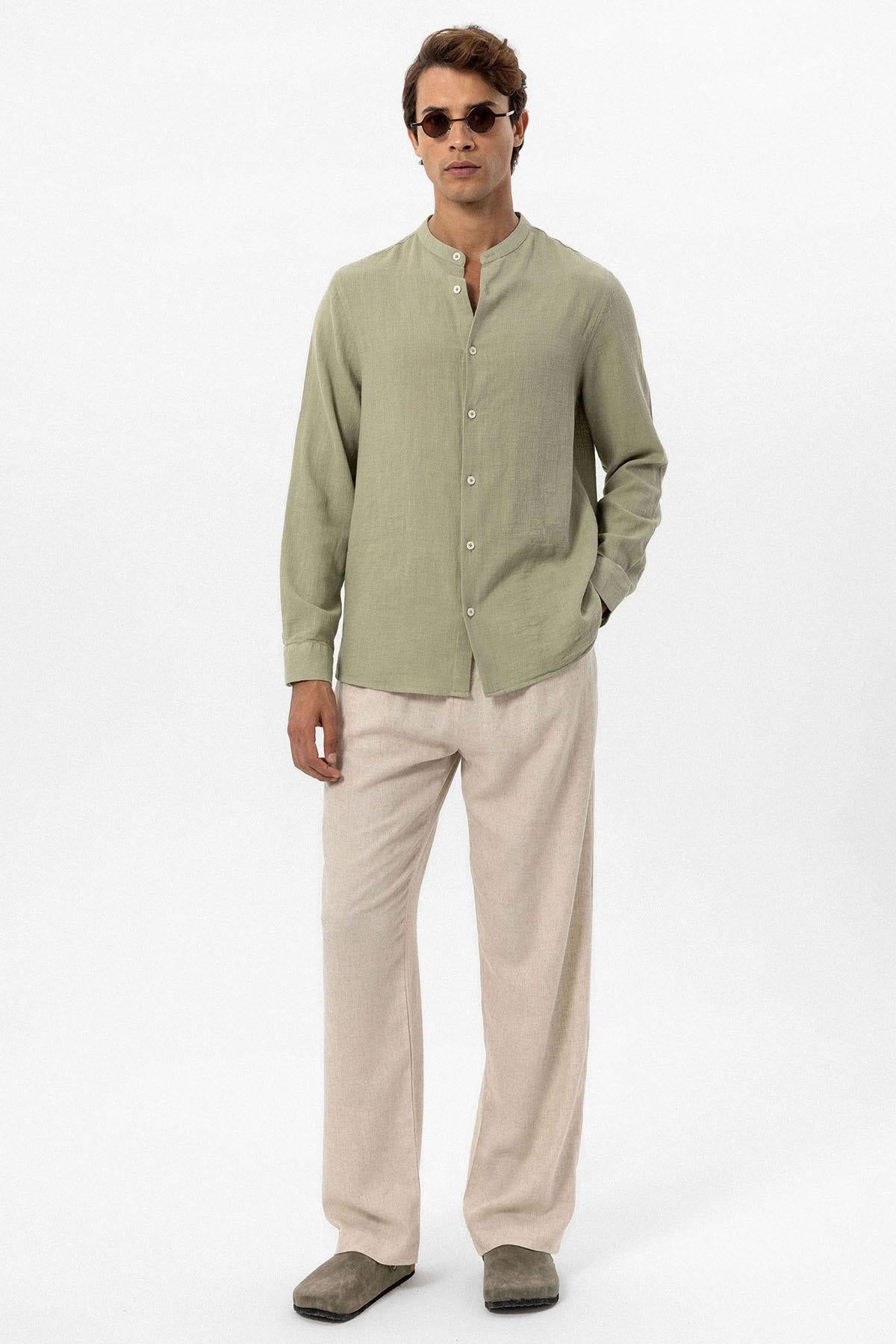 Men's Khaki Mandarin Collar Woven Shirt