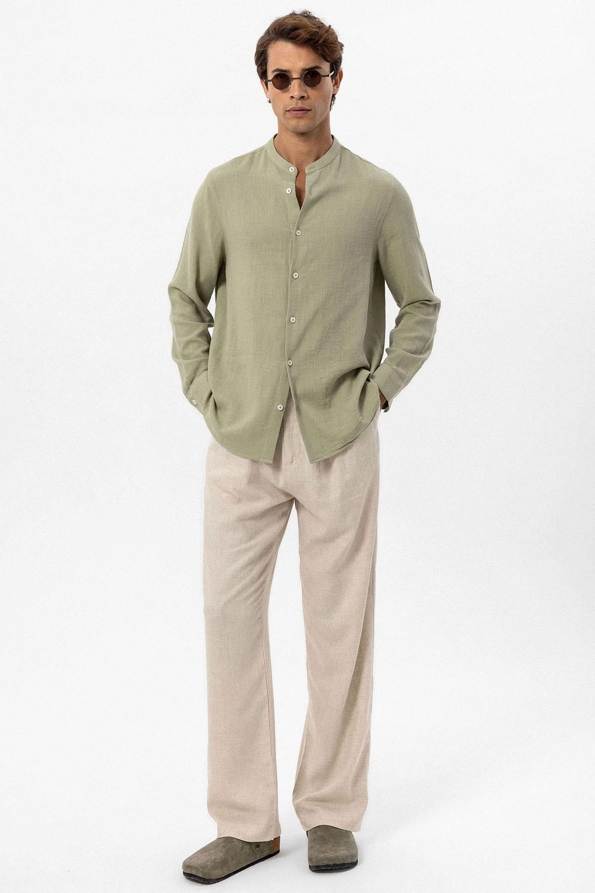 Men's Khaki Mandarin Collar Woven Shirt