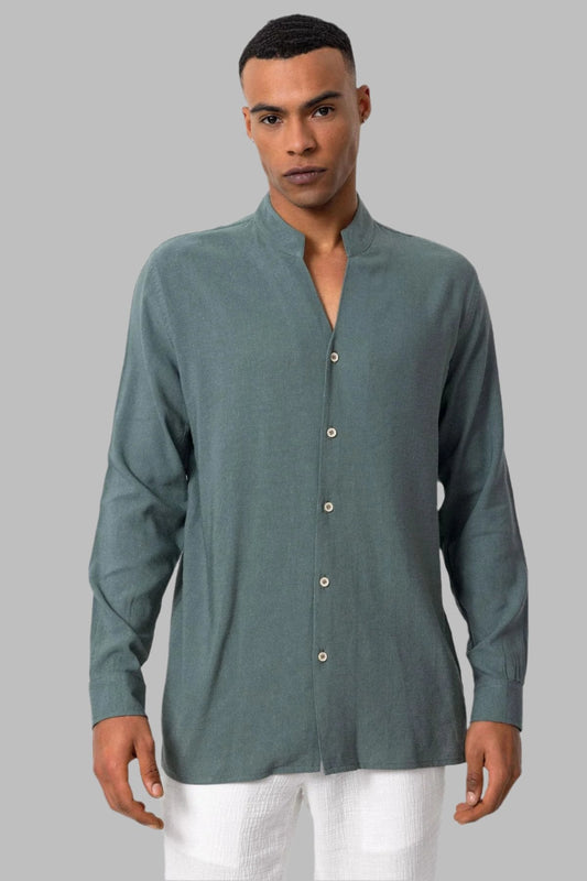 Men's Khaki Stand Collar Long-Sleeve Shirt -