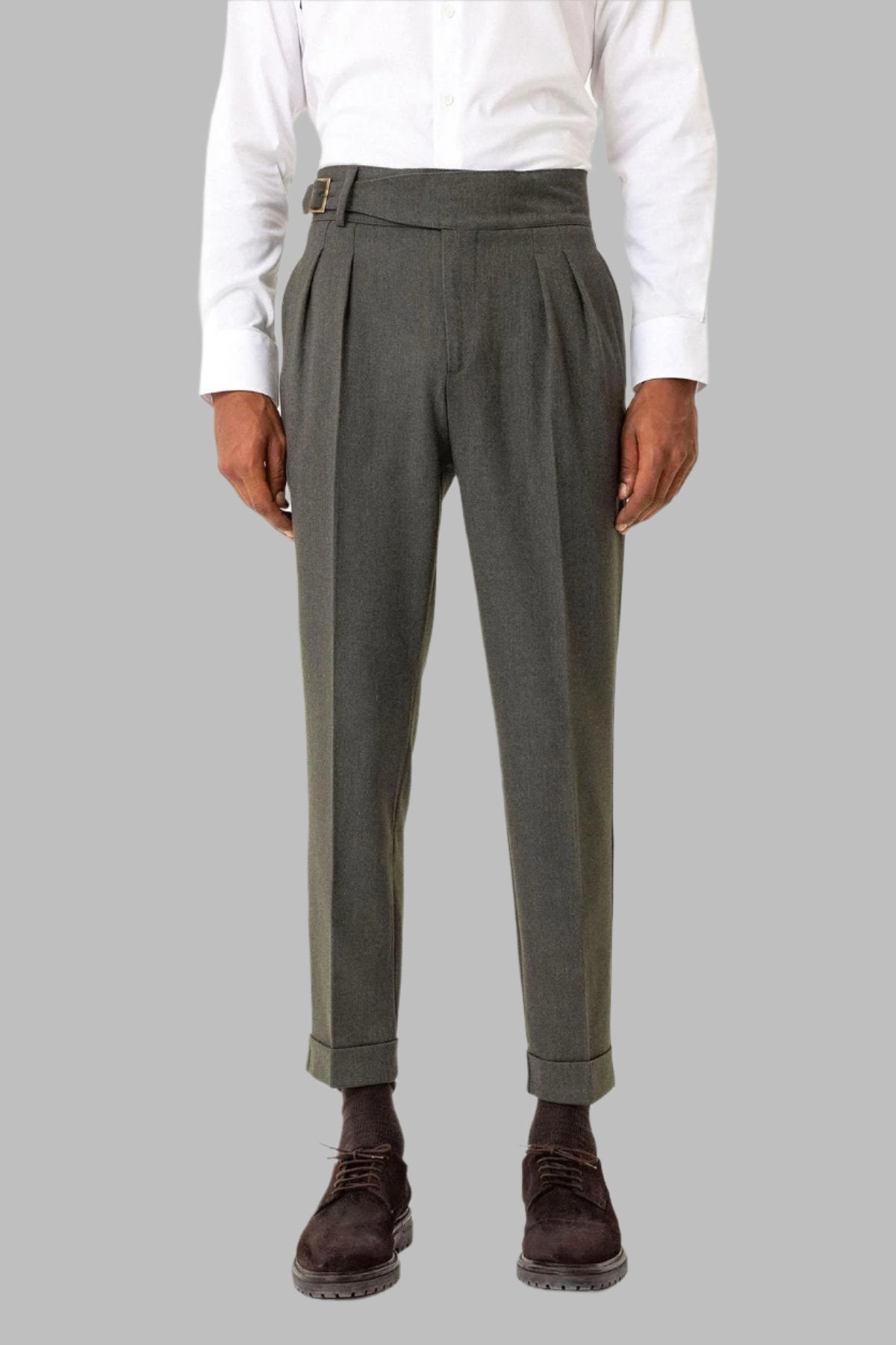 Khaki Pleated Men's Trousers with Buckle Detail