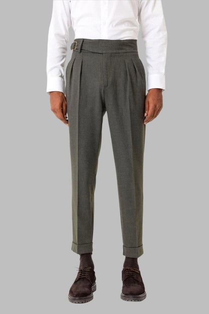 Khaki Pleated Men's Trousers with Buckle Detail