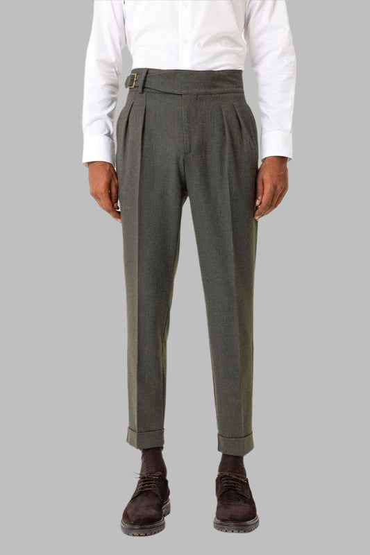 Khaki Pleated Men's Trousers with Buckle Detail