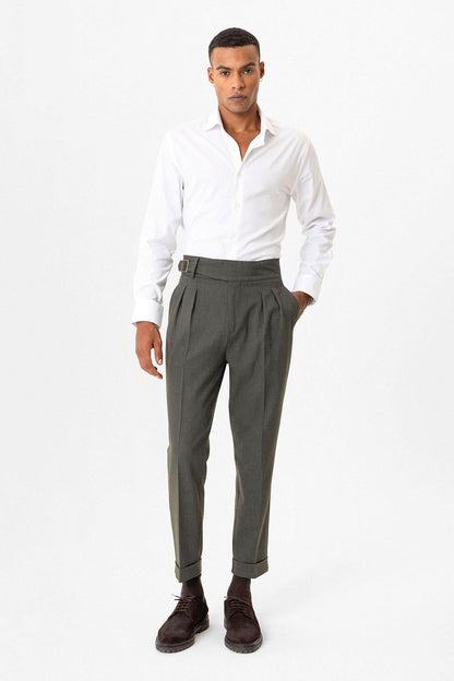 Khaki Pleated Men's Trousers with Buckle Detail