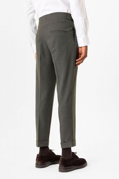 Khaki Pleated Men's Trousers with Buckle Detail