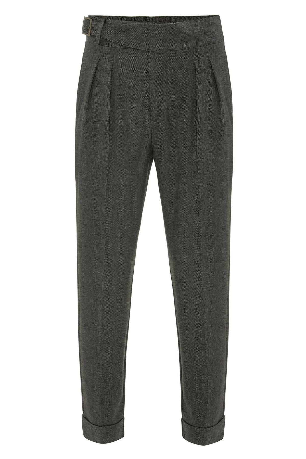 Khaki Pleated Men's Trousers with Buckle Detail