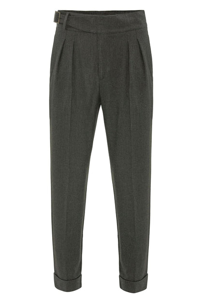 Khaki Pleated Men's Trousers with Buckle Detail