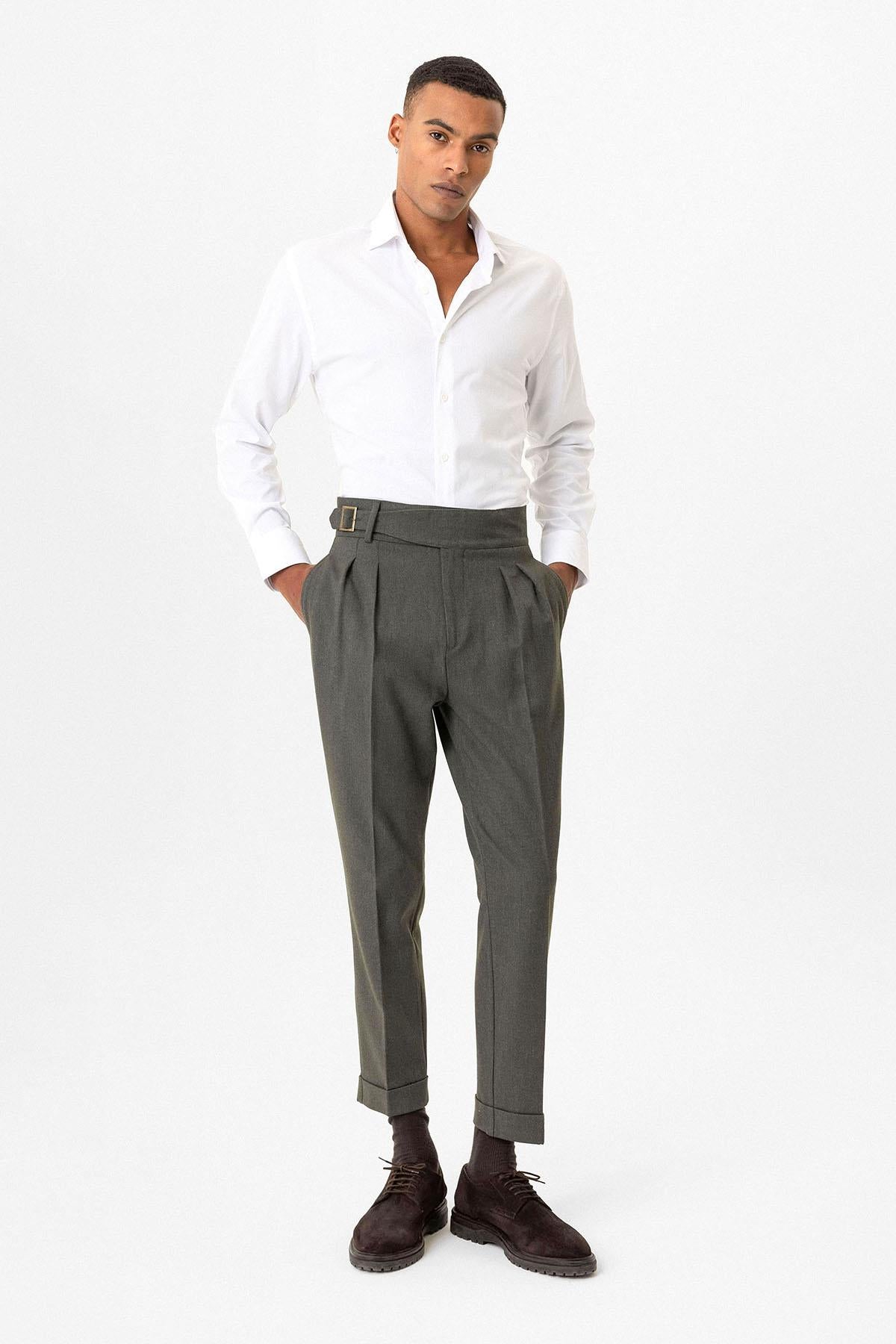 Khaki Pleated Men's Trousers with Buckle Detail