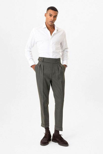 Khaki Pleated Men's Trousers with Buckle Detail