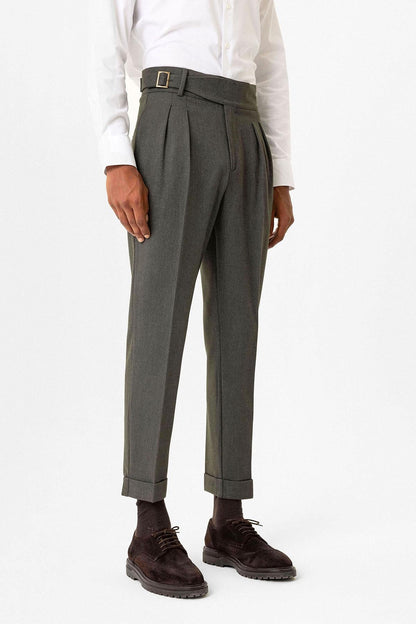 Khaki Pleated Men's Trousers with Buckle Detail