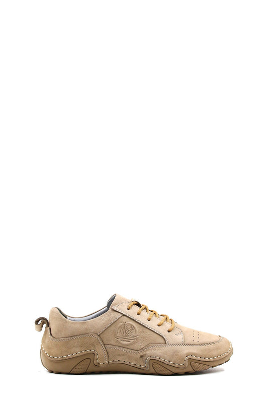 Men's Beige Leather Lace-Up Casual Shoes - Wessi