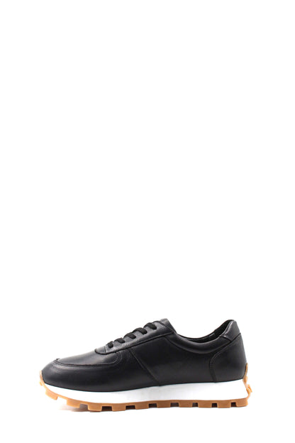 Men's Black Leather Sneakers with White Sole and Textured Outsole - Wessi