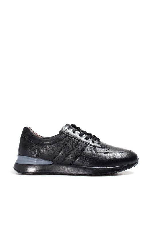 Men's Black Leather Lace-Up Sneakers with Perforated Design and Cushioned Sole