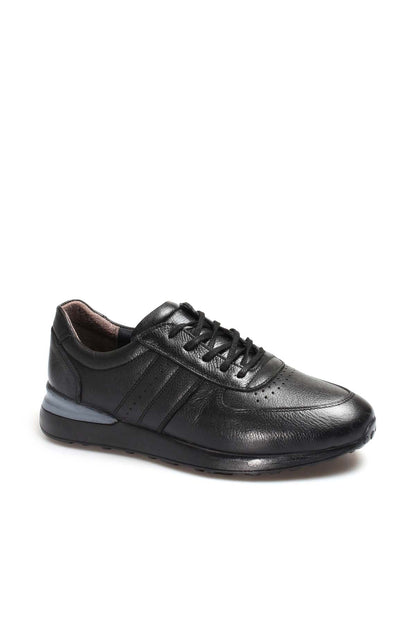 Men's Black Leather Lace-Up Sneakers with Perforated Design and Cushioned Sole